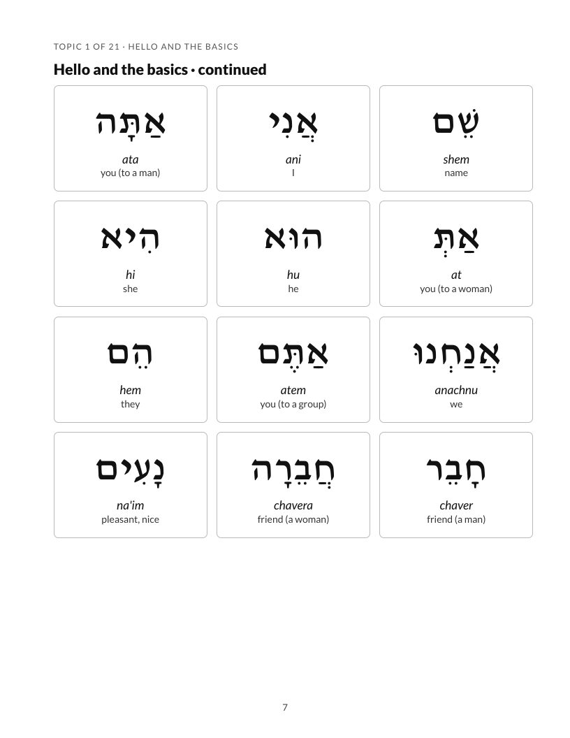 Hebrew Vocabulary and Phrases Workbook, sample page